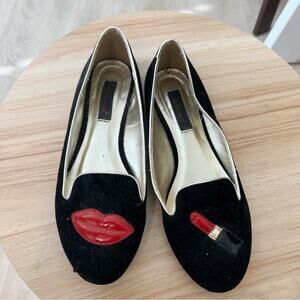 Dollhouse Lipstick Lips Black Velvet Gold Red Loafers Smoking Shoes, 6
